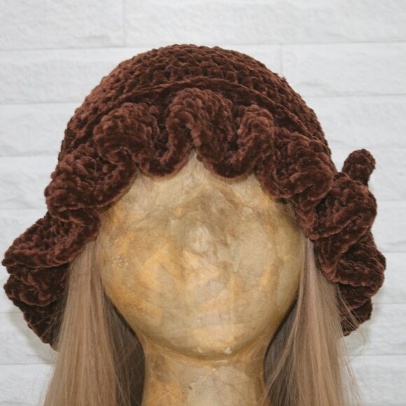 HAND CRAFTED Hat Crochet Bucket Chenille Winter Full Ruffle Brown Wide Brim - Picture 2 of 12